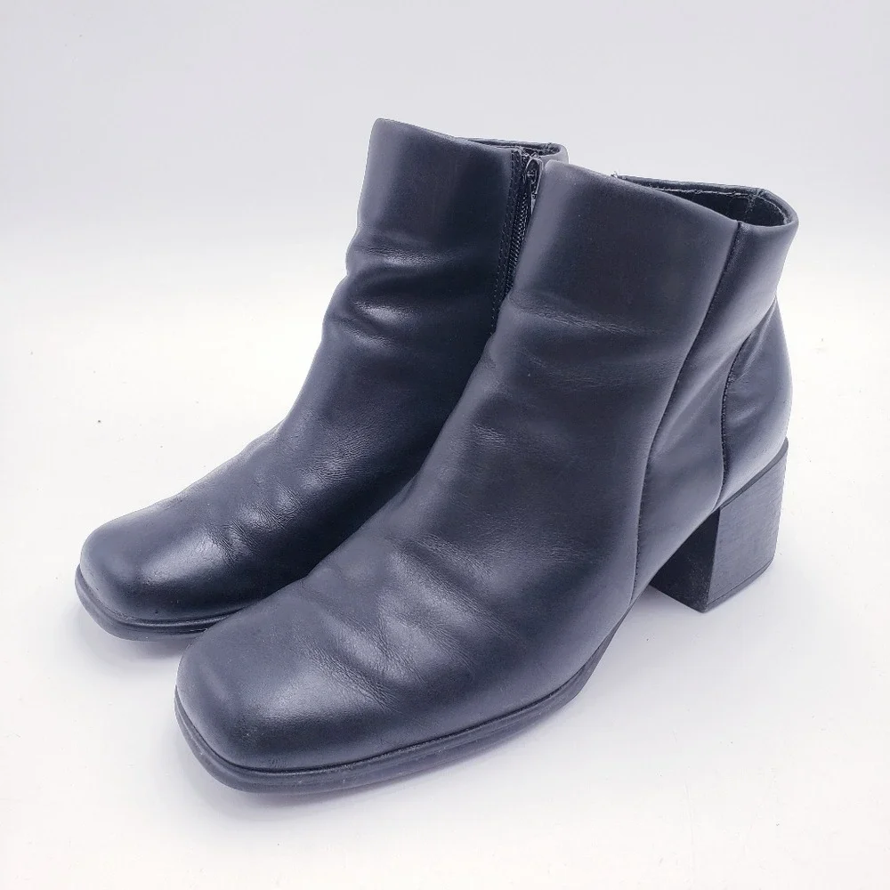 Vintage 90s y2k Bratz Black Leather Chunky Heel Square Toe‎ Punk Booties Size 8